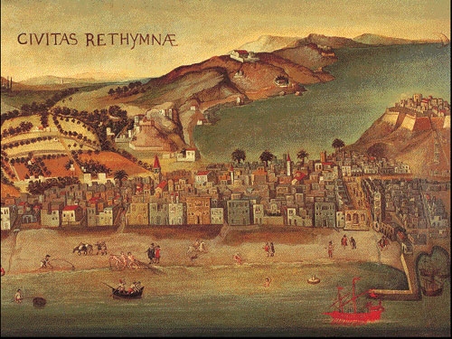 Historical illustration of Rethymno and its harbour, titled Civitas Rethymnae