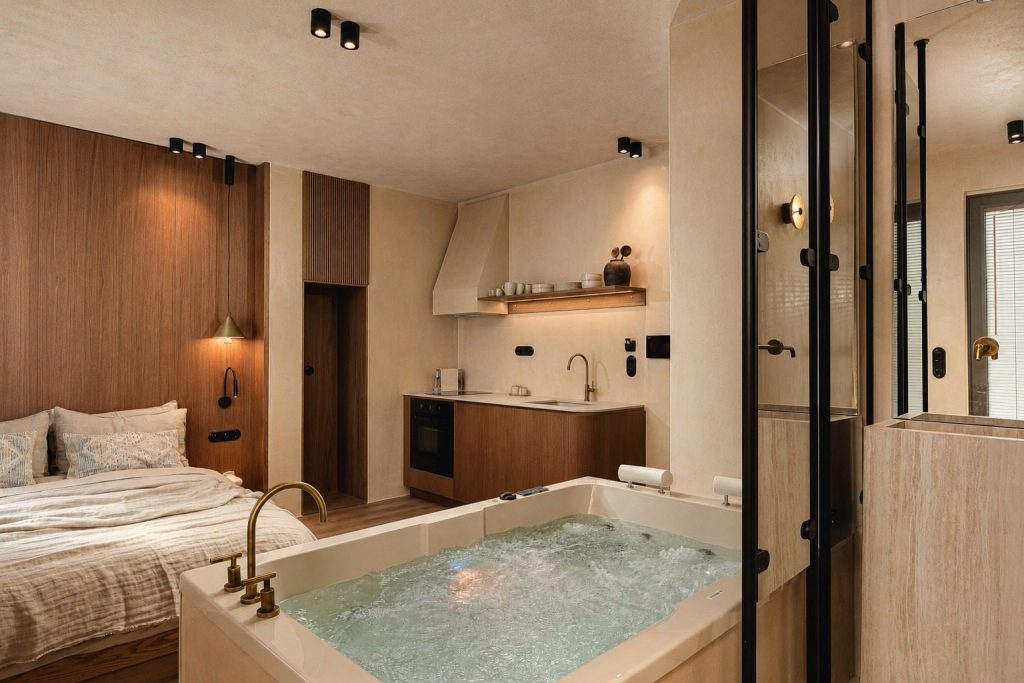 Indoor jacuzzi and warm wooden interiors