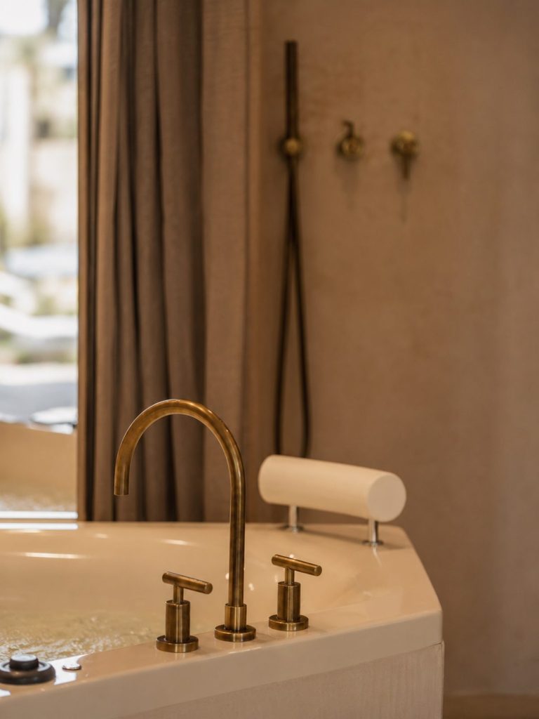 Warm light and brass bathroom fittings